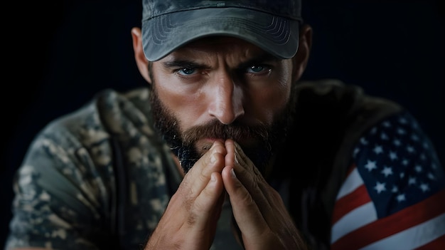 Photo american soldier with the flag of the united states in front of him in mourning and prayer