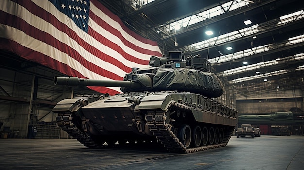 American tank with the flag as background during independence day generated by artificial intelligence