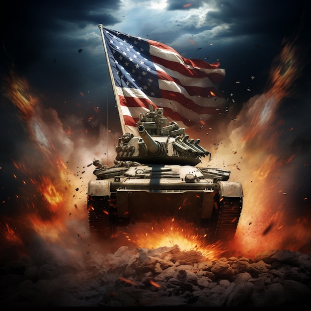 American tank with the flag as background during independence day generated by artificial intelligence