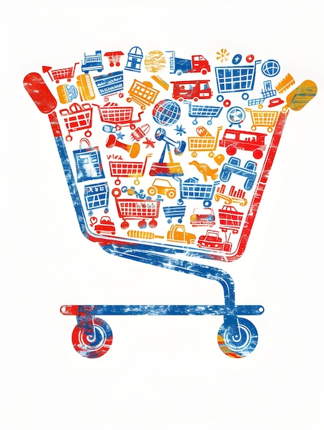 American Toy Shopping 3D Flat Icon Individual with Toys and Shopping Cart Double Exposure Concept