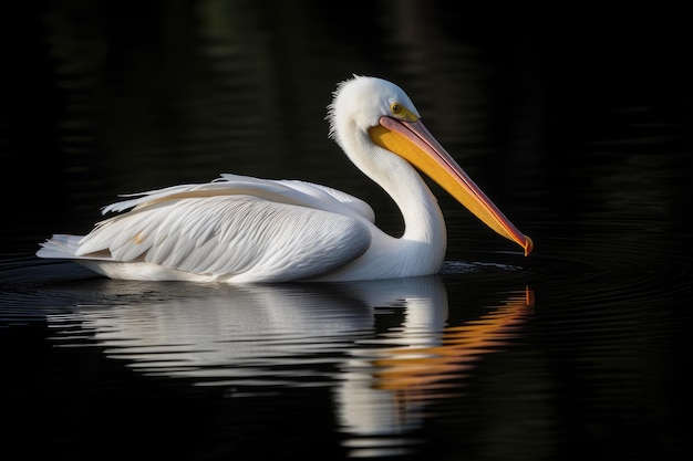 American white pelican in graceful flight over calm waters generative IA