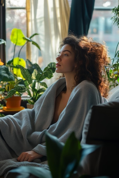 Photo american woman sitting on a gray sofa with a gray blanket side view knee shot photorealistic