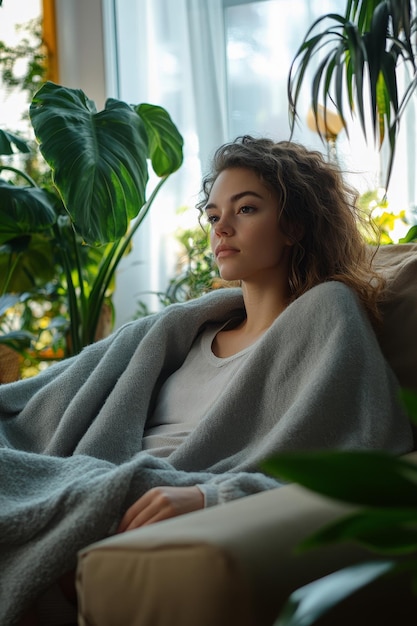 Photo american woman sitting on a gray sofa with a gray blanket side view knee shot photorealistic