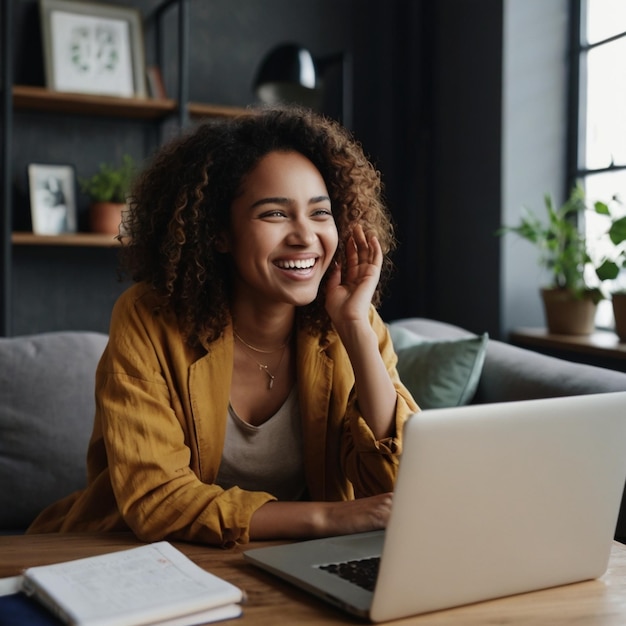 american woman smiling and rejoices in victory sitting on sofa and working at laptop screen