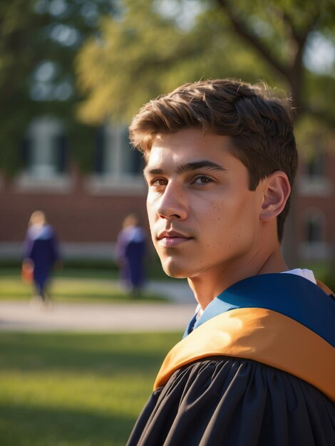 An American young man wearing graduation gown soft light defocused college campus in the background