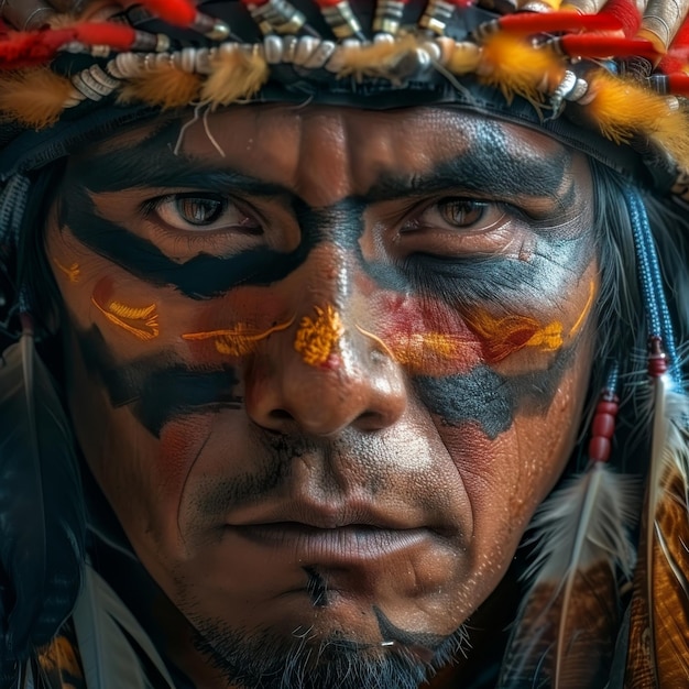 Americans Indian Man Native Portrait American Indian Man from Tribe with Painted Face Stern Look