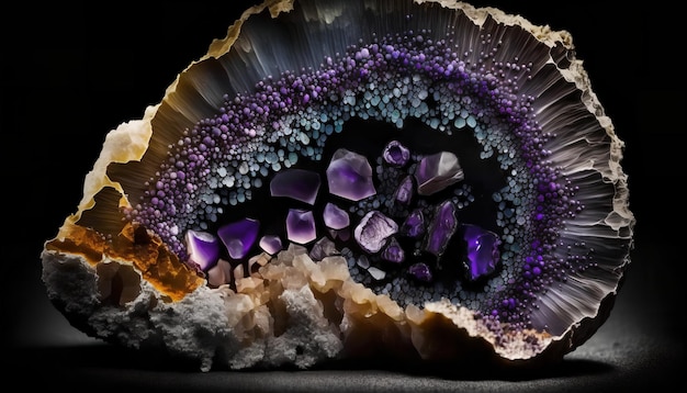 Amethyst crystals are displayed in a purple shell.