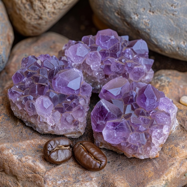 Amethyst Crystals and Coffee Beans on Rocks