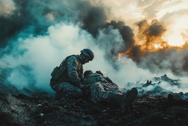 Photo amid smoke and fire a dedicated medic intensely tends to a wounded soldier symbolizing bravery and compassion amidst the harsh realities of war