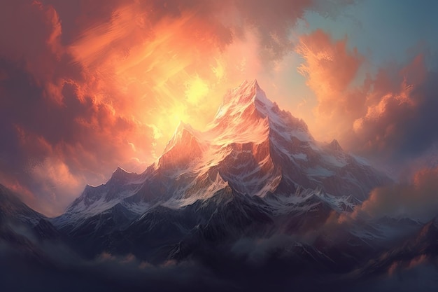 Amid the sun filled mountains with beautiful clouds digital painting