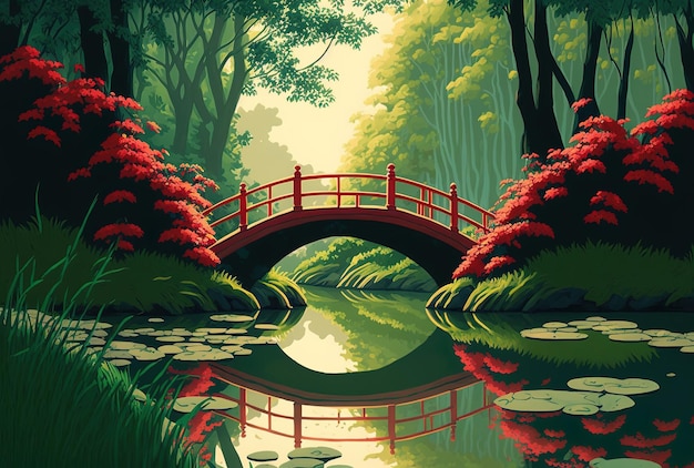 Amid the sunshine a tiny red bridge reflected on the river in a lush green woodland