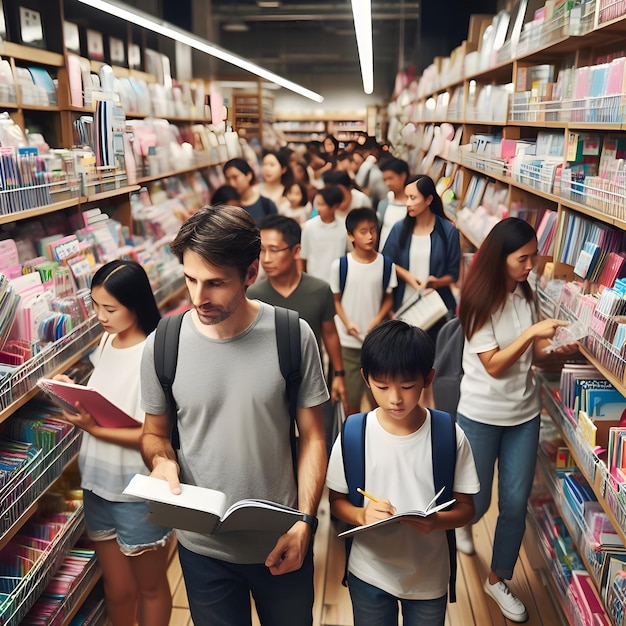 Amidst the aisles of a crowded school supply store parents and children peruse shelves stocked with