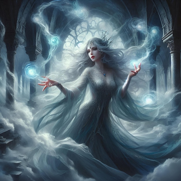 Amidst ancient ruins an ethereal sorceress weaves spells amidst swirling shadows her haunting eleg