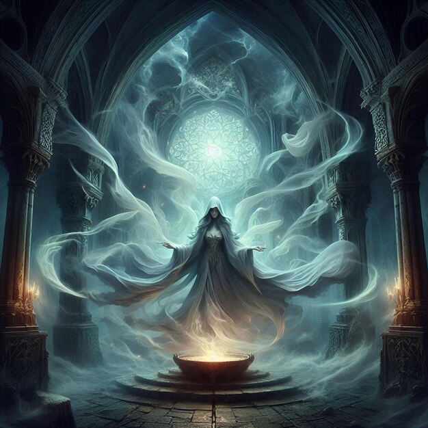 Amidst ancient ruins an ethereal sorceress weaves spells amidst swirling shadows her haunting eleg