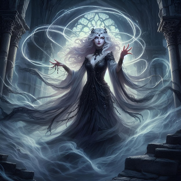 Amidst ancient ruins an ethereal sorceress weaves spells amidst swirling shadows her haunting eleg