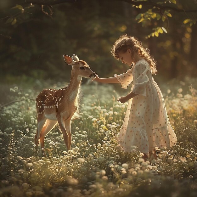 Amidst blooming wildflowers the deer nudges the girl gently inviting her to dance in a magical mea