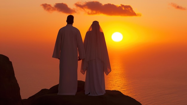 Amidst a breathtaking sunset a couple stands hand in hand on a cliff gazing at the horizon where the sun meets the ocean celebrating their love and commitment