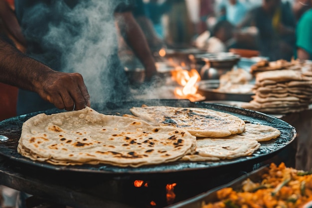 Photo amidst the bustling market activity an indian street vendor cooks parathas on a large griddle