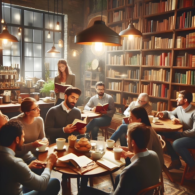 Amidst the cozy ambiance of a neighborhood caf book lovers gather for a book club meeting amidst t