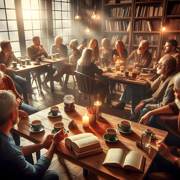 Amidst the cozy ambiance of a neighborhood caf book lovers gather for a book club meeting amidst t