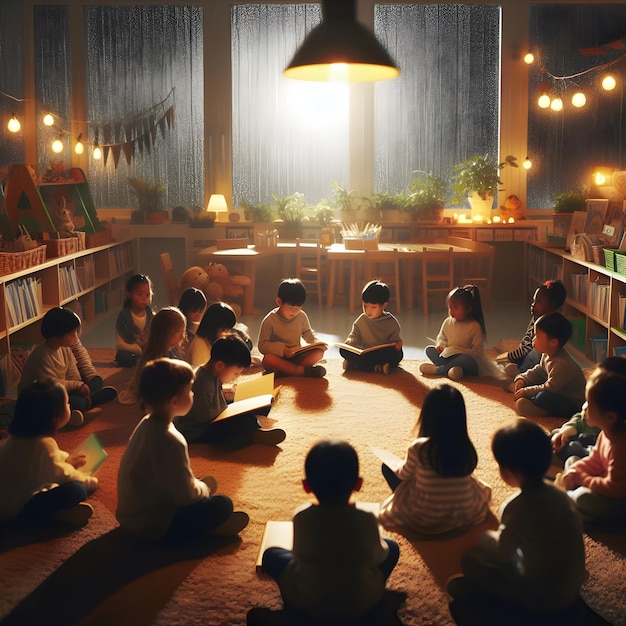 Amidst the cozy atmosphere of a kindergarten classroom children gather on the carpet for storytime