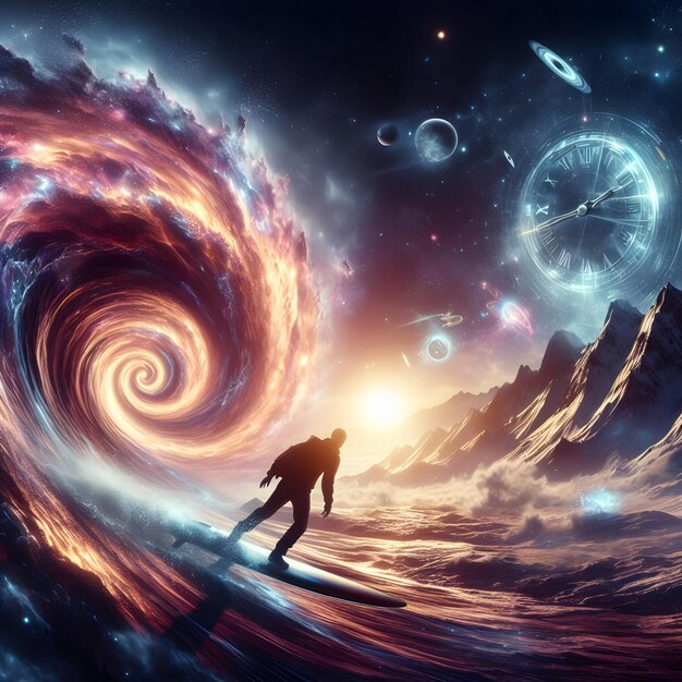 Amidst distant galaxies the timetraveling explorer surfs through wormholes amidst a cosmic storm o