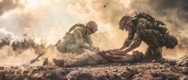 Amidst the dust and chaos of a battlefield two soldiers provide urgent medical aid to a severely wounded comrade enveloped in an intense dramatic atmosphere