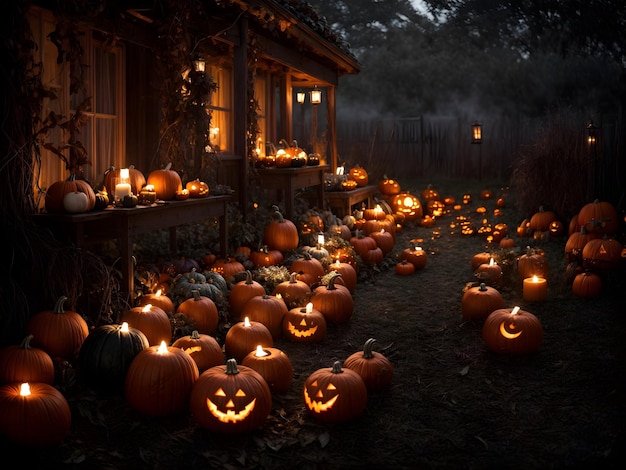 Amidst the enchanting depths of a forest Halloween pumpkins are scattered like beacons of warmth