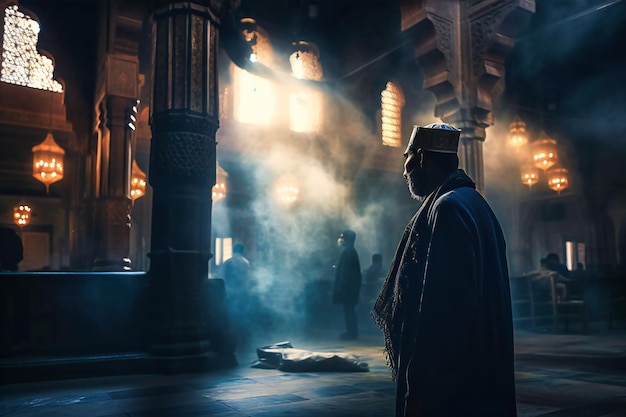 Amidst ethereal lighting and wisps of smoke the silhouette of a devout Muslim man prays in an old mosque