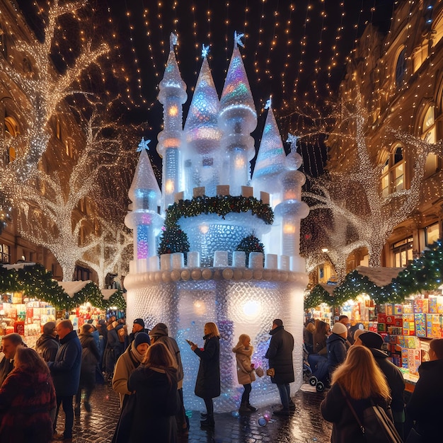 Photo amidst the festive atmosphere of a holiday market shoppers browse stalls near a bubble wrap castle