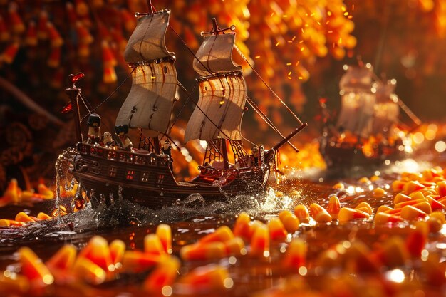 Photo amidst the frolic a rogue band of candy corn pirates sails in on a sea of molten chocolate