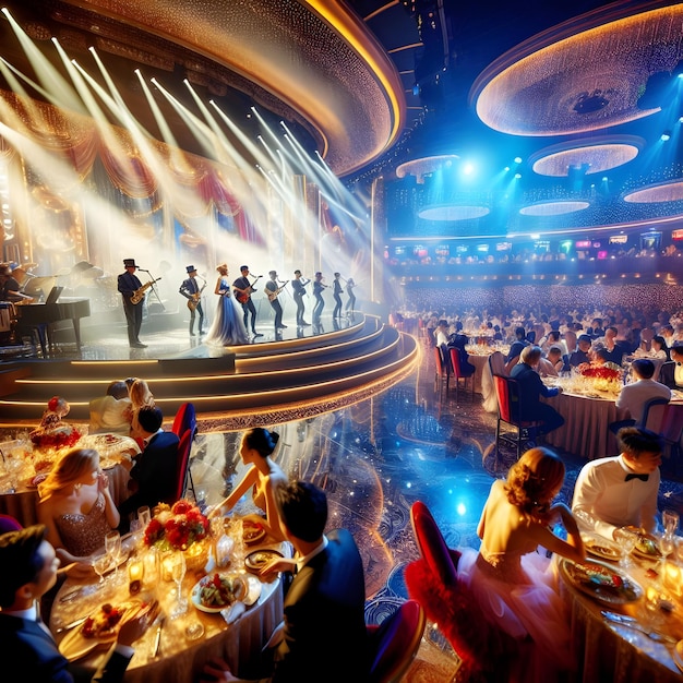 Amidst the glamorous setting of a live entertainment venue guests enjoy dazzling performances by mu