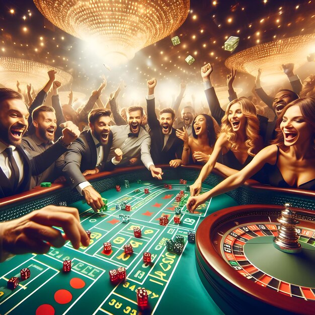 Amidst the lively ambiance of a craps table players cheer and celebrate as the dice roll in their f