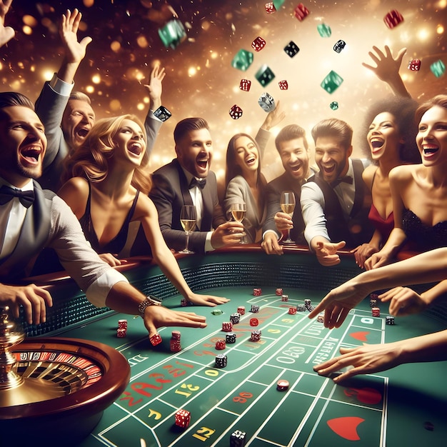 Amidst the lively ambiance of a craps table players cheer and celebrate as the dice roll in their f