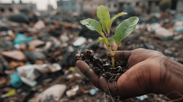 Amidst the rubble and rubbish a green tree symbol of hope appears