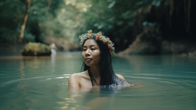 Amidst the serene beauty of nature a girl in rural Thailand dons a colorful sarong while taking a re