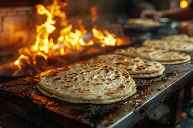 Photo amidst the sizzle of a hot tandoor an indian woman skillfully places discs of dough inside the scent of freshly baked rotis wafting through the kitchen enticing diners to indulge