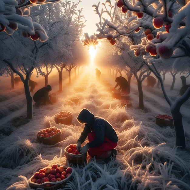 Amidst a snowy orchard farmers carefully harvest crisp apples from frosted branches under the soft