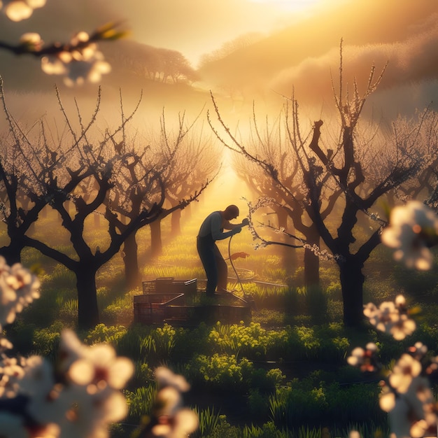 Amidst a sundrenched orchard farmers carefully prune blossoming cherry trees in the early morning