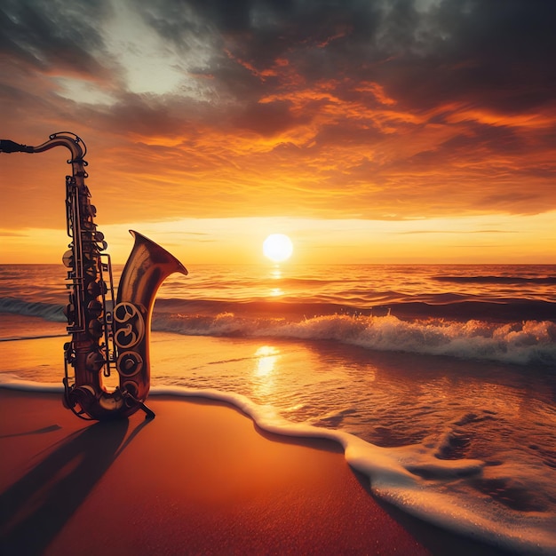 Amidst a sunkissed beach at sunset saxophone melodies dance along the shoreline harmonizing with