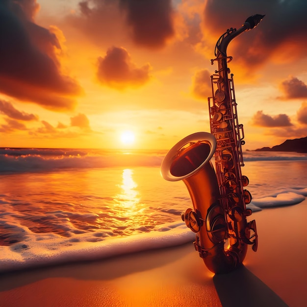 Amidst a sunkissed beach at sunset saxophone melodies dance along the shoreline harmonizing with