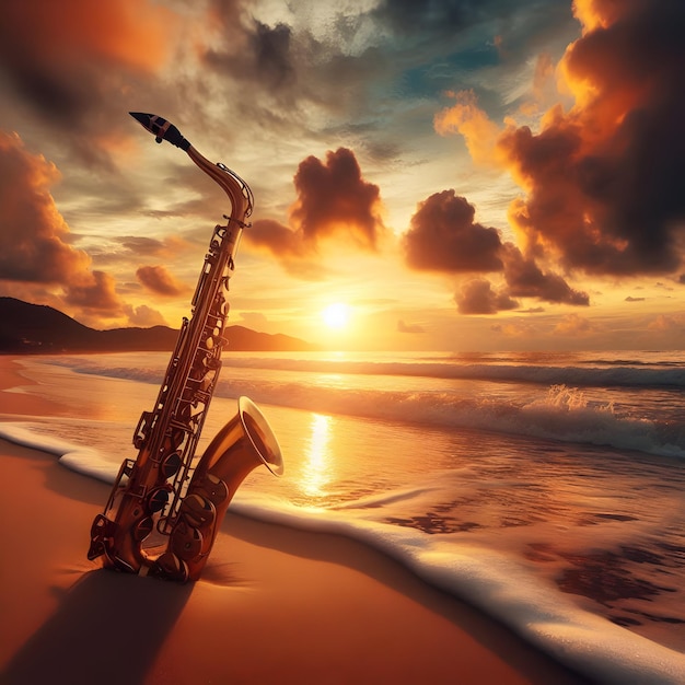 Amidst a sunkissed beach at sunset saxophone melodies dance along the shoreline harmonizing with