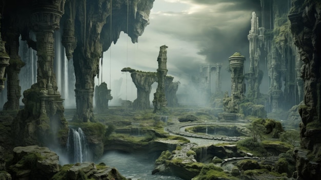 Amidst a surreal dreamscape of floating islands a Doric column anchors the scene