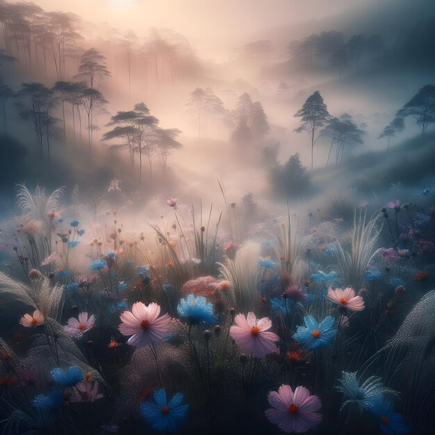 Photo amidst the tranquil ambiance of a misty morning a field of wildflowers emerges like a dreamscape t