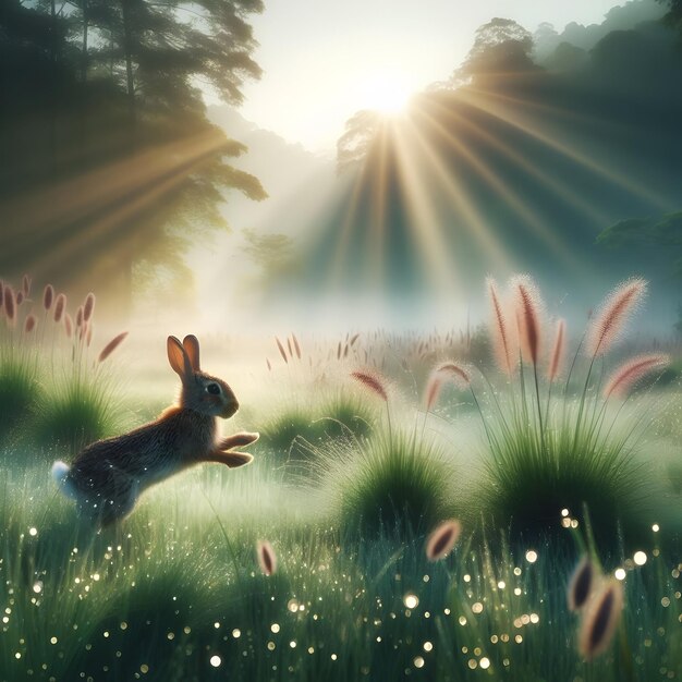 Photo amidst the tranquil meadow bathed in the soft light of dawn lucky rabbits foot hops playfully thr