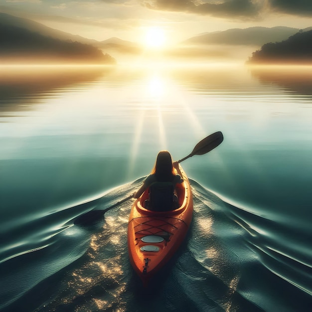 Amidst the tranquil waters of a calm lake a person paddles a kayak to find solace and inner peace