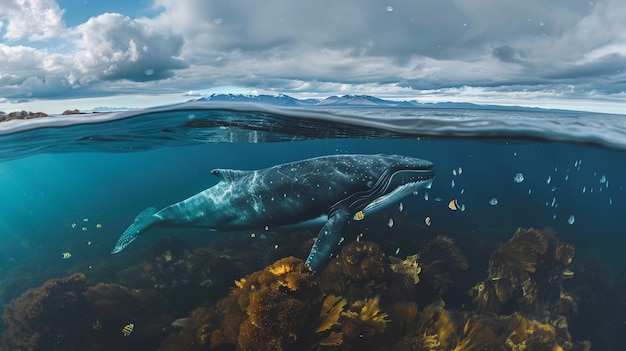 Amidst the vast expanse of the ocean a split view captures the symbiotic relationship between a majestic whale and the diverse marine life that calls the underwater realm home