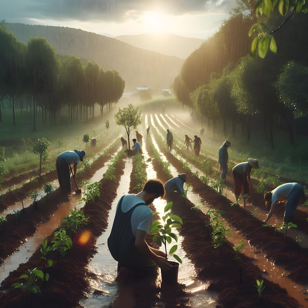 Amidst the verdant rows of an organic farm volunteers gather to plant saplings of apple and pear tr