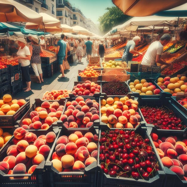 Amidst the vibrant colors of a bustling farmers market vendors display crates overflowing with rip