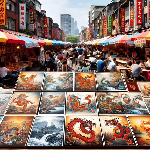 Amidst the vibrant colors of a bustling market square a street vendor displays Chinesestyle painti